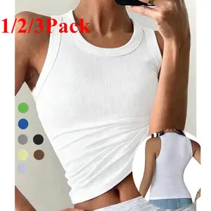 EncoLax 1/2/3Pcs Every Day Women's Casual Slim-Fit Plain Sleeveless Tank Top, Summer Lightweight Fabric Ribbed Knit Vest, Versatile Layering Piece