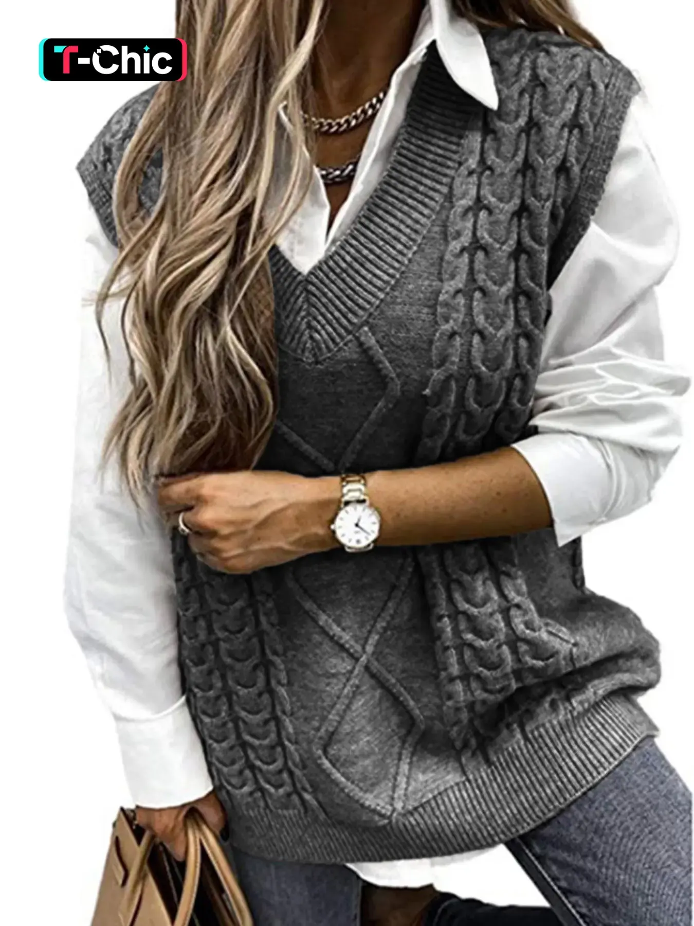 Women's Solid Textured V Neck Sweater Vest, Casual Preppy Cable Knit Pullover for Fall & Winter, Women's Knitwear for Daily Wear, Knit Vest Tops, Casual Knitted Vest