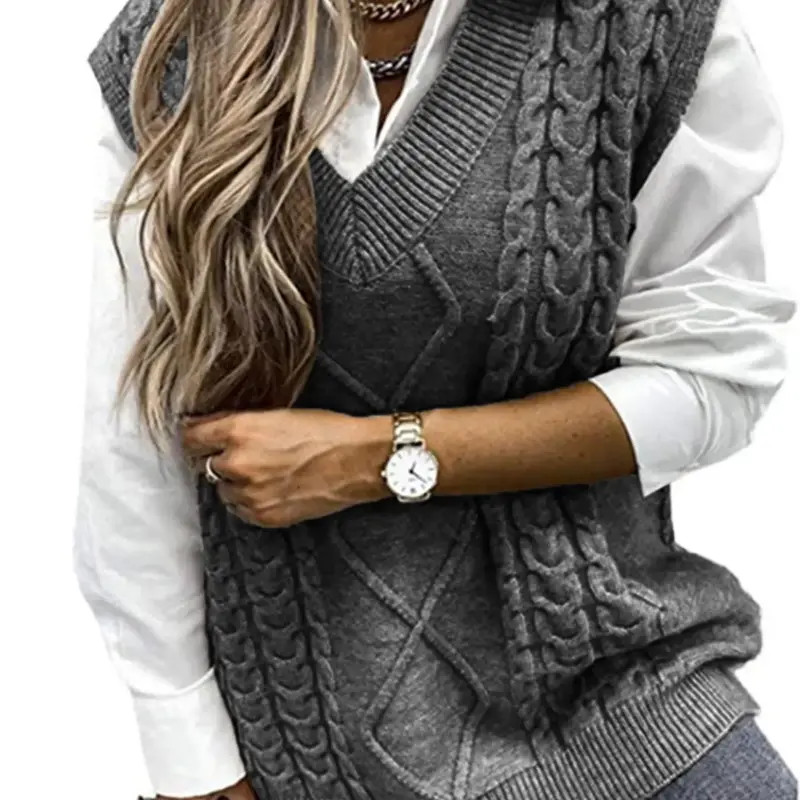 【Black Friday】Women's Fall/Winter Solid-Color Textured V-Neck Sweater Vest, Preppy Cable-Knit Pullover for Casual Daily Wear