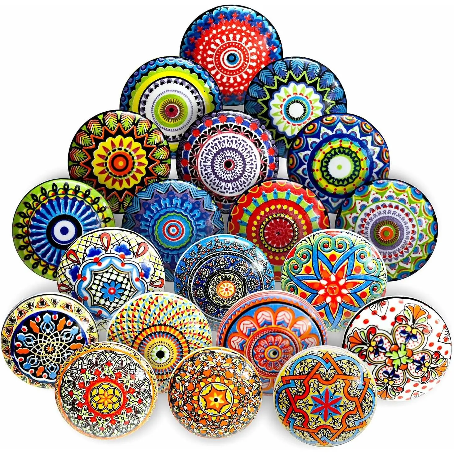 20 count Ceramic Cabinet Knobs -  Look Hand Painted Multicolor Handmade Mandala Designs for Door Handles Wardrobe Kitchen Cabinets Drawer Dresser Cupboard Pulls