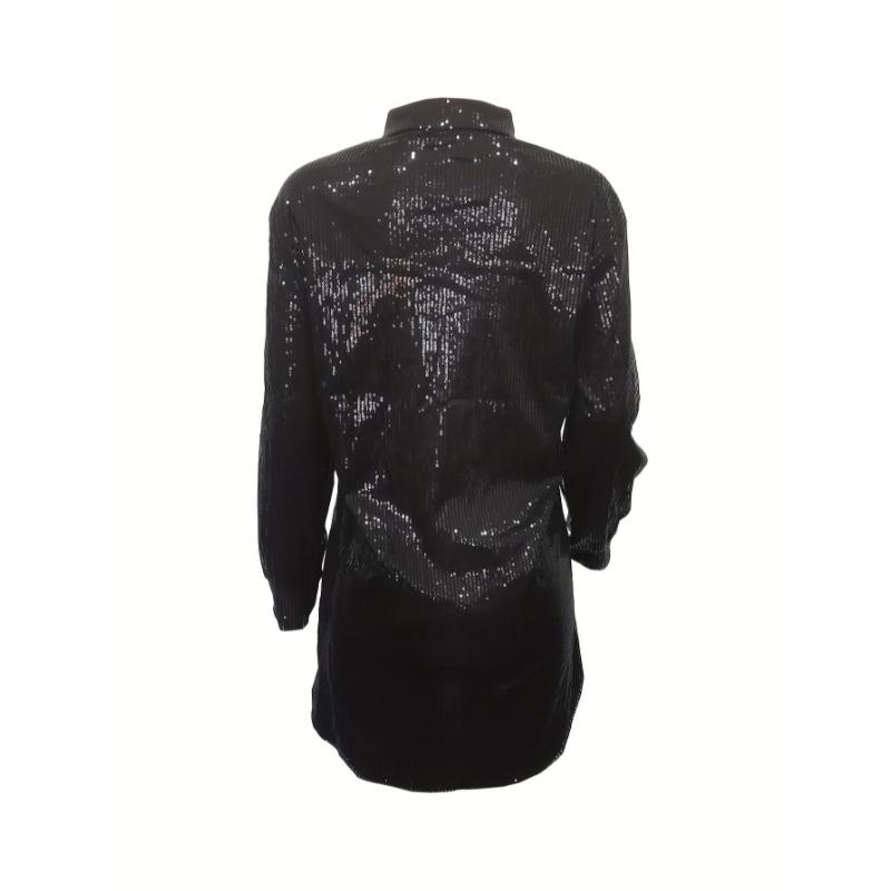 Elegant Women'S Fashion, Sparkling Loose Button-Up Shirt - Black, Lapel Collar, Perfect for Spring/Fall, Adult Casual Attire, Stylish Adult Clothing | Sparkling Embellishments | Detailed Button Closure Fabric Spandex shirts  women cute  summer  top