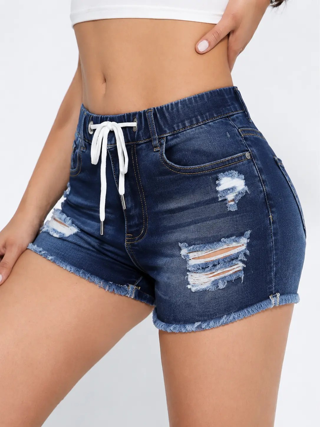 Women's Casual Distressed Jean Shorts - Elastic Drawstring Waist, Raw Hem