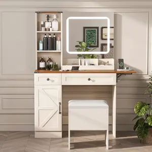 TikTokShopSpringGlowUp Multi-functional LED makeup vanity with foldable extendable tabletop, large storage capacity, 3-level dimmable HD mirror, USB socket, and soft-packaged storage stool，Makeup and office use two-in-one