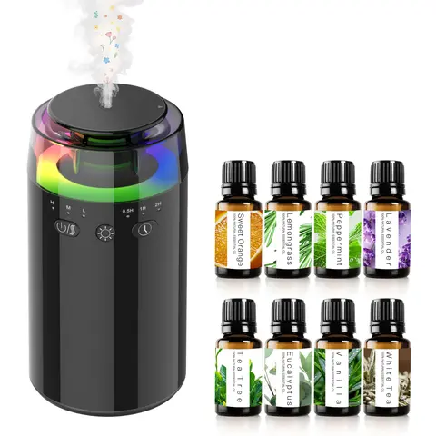 Mini Portable Waterless Battery-Operated Aromatherapy Humidifier - Cold-Diffusion Cool Mist Diffuser for Home with 8 Essential Oil Bottles, RGB LED Light, Automatic Aurora Color-Changing Function, Timer, Built-In Li-Ion Batteries (Home, Travel Use)