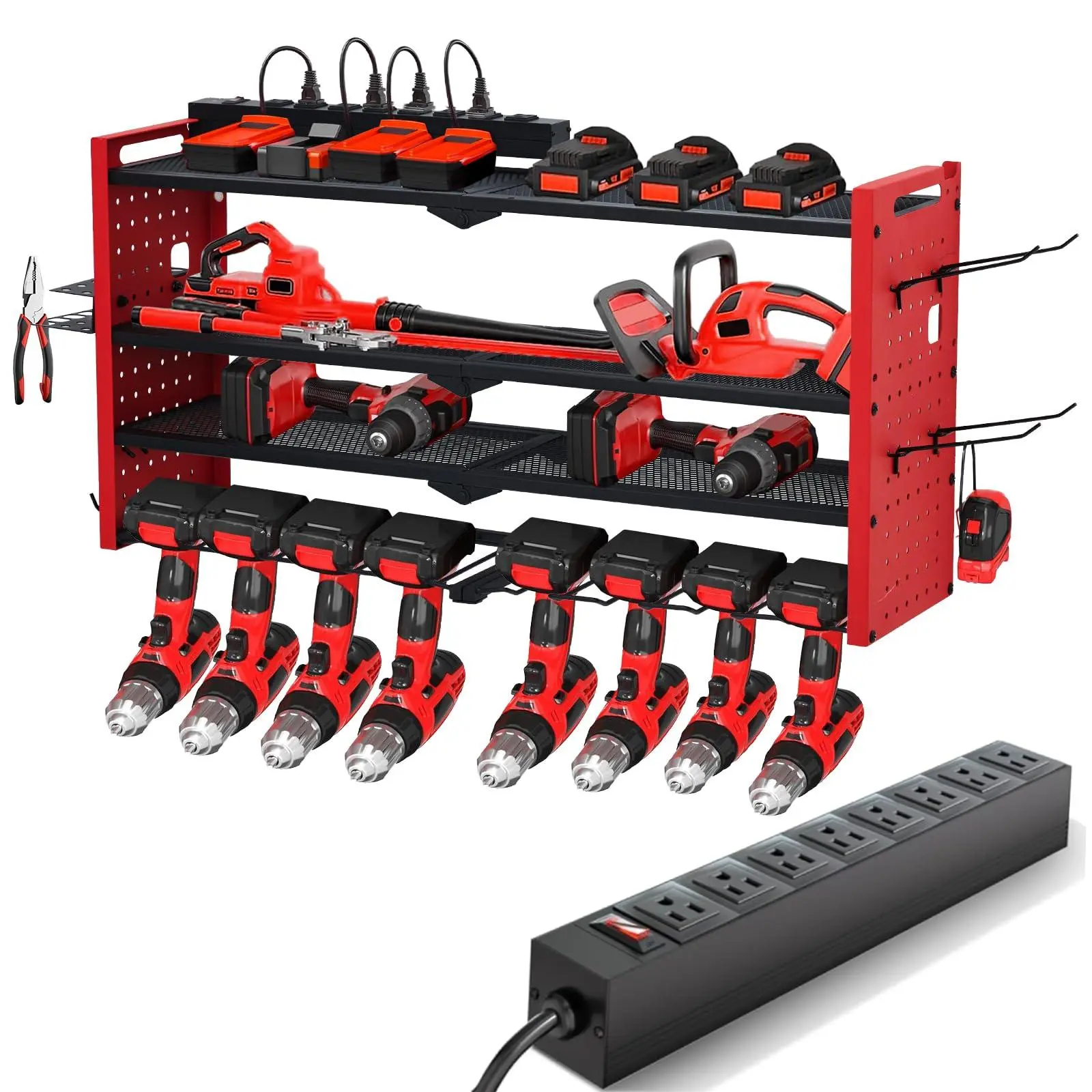 Power Tool Organizer Wall Mount with Charging Station, Heavy Duty 4-Layer Garage Rack Metal Loads 400lbs, 8 no cord Drill Storage Shelf with Hooks, Drill Bit Shelf Battery Storage for Garage