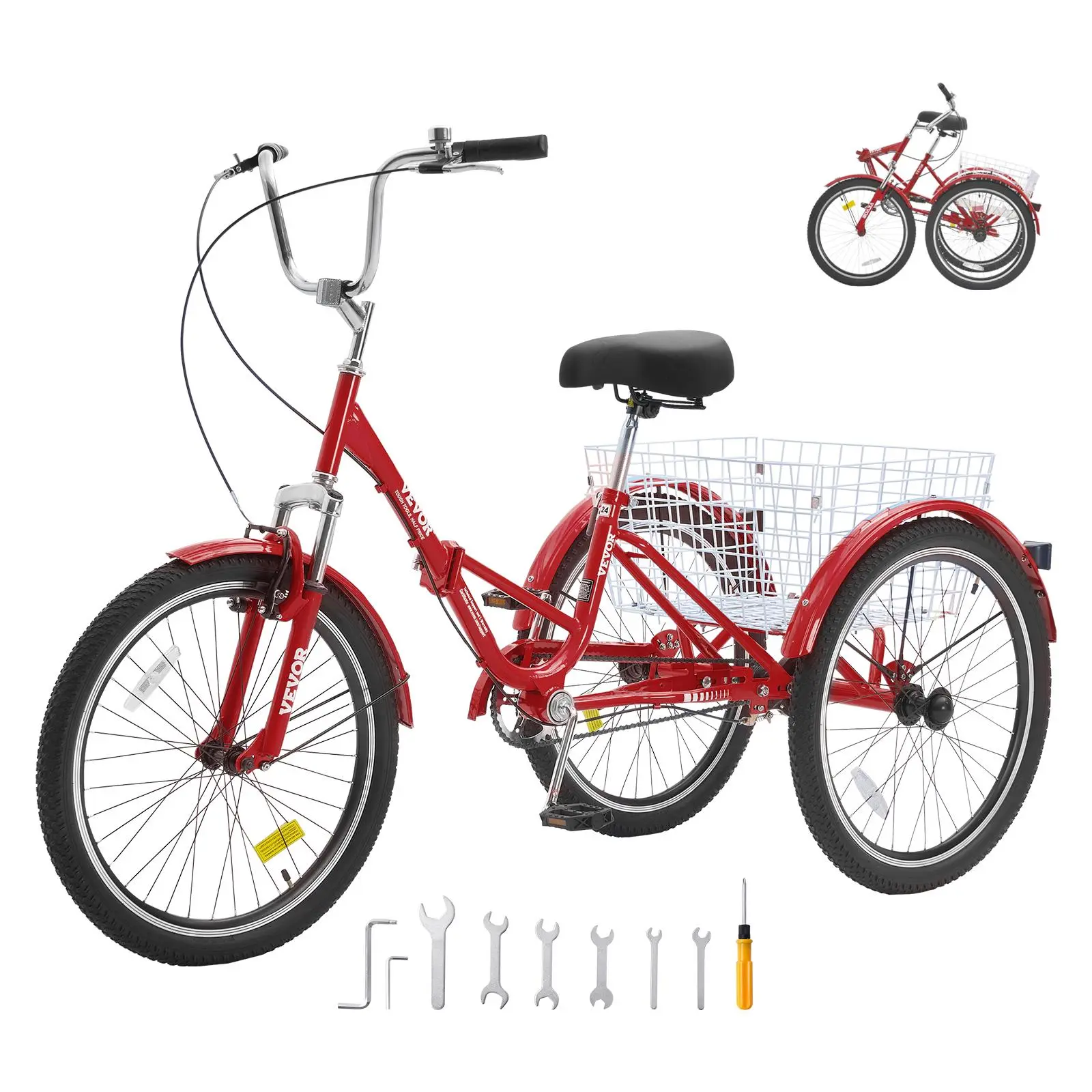 VEVOR 24-Inch Folding Adult Carbon Steel 3-Wheel Cruiser Tricycle - Red, for Seniors, with Bike Fender, Rack Basket, Adjustable Seat, Dual Brake System, Step-by-Step Assembly, User Manual (Shopping Trolley)