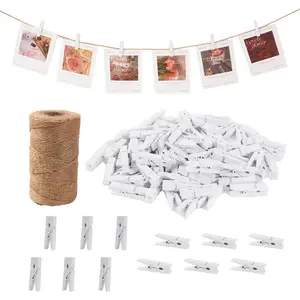 100Pcs White Mini Wooden Clothespins with 328ft Jute Twine - Photo Display Clips for Hanging Pictures, Crafts, Wall Art, Baby Showers (1.4 Inch, White)