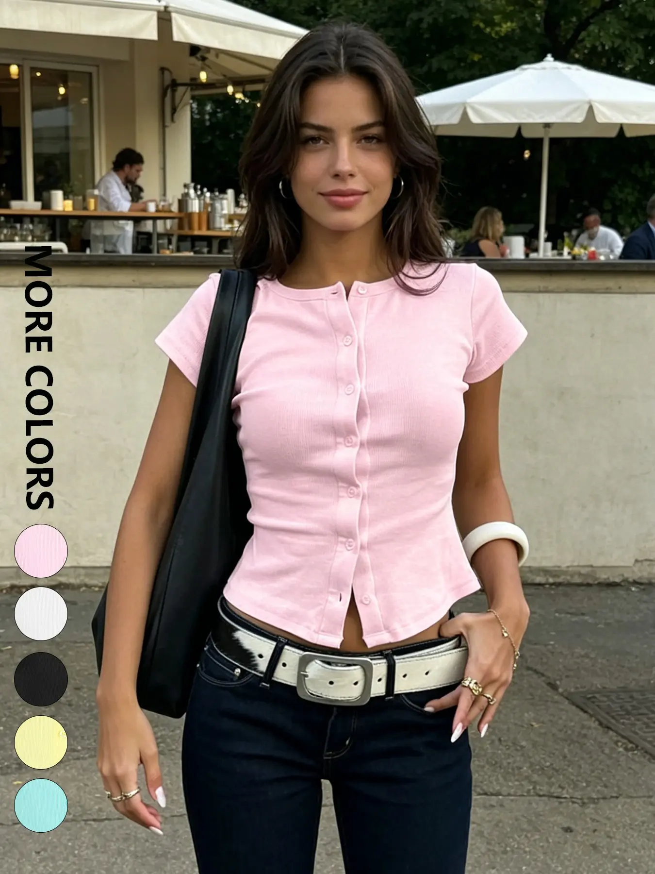 Women's Fashion Knitwear Knitting Knit T-Shirt Solid Summer Short Sleeve Button Cardigan Crop Top Everyday Casual Basic O-Neck Round Neck Versatile Sexy Slim Fit T-Shirt Women Top