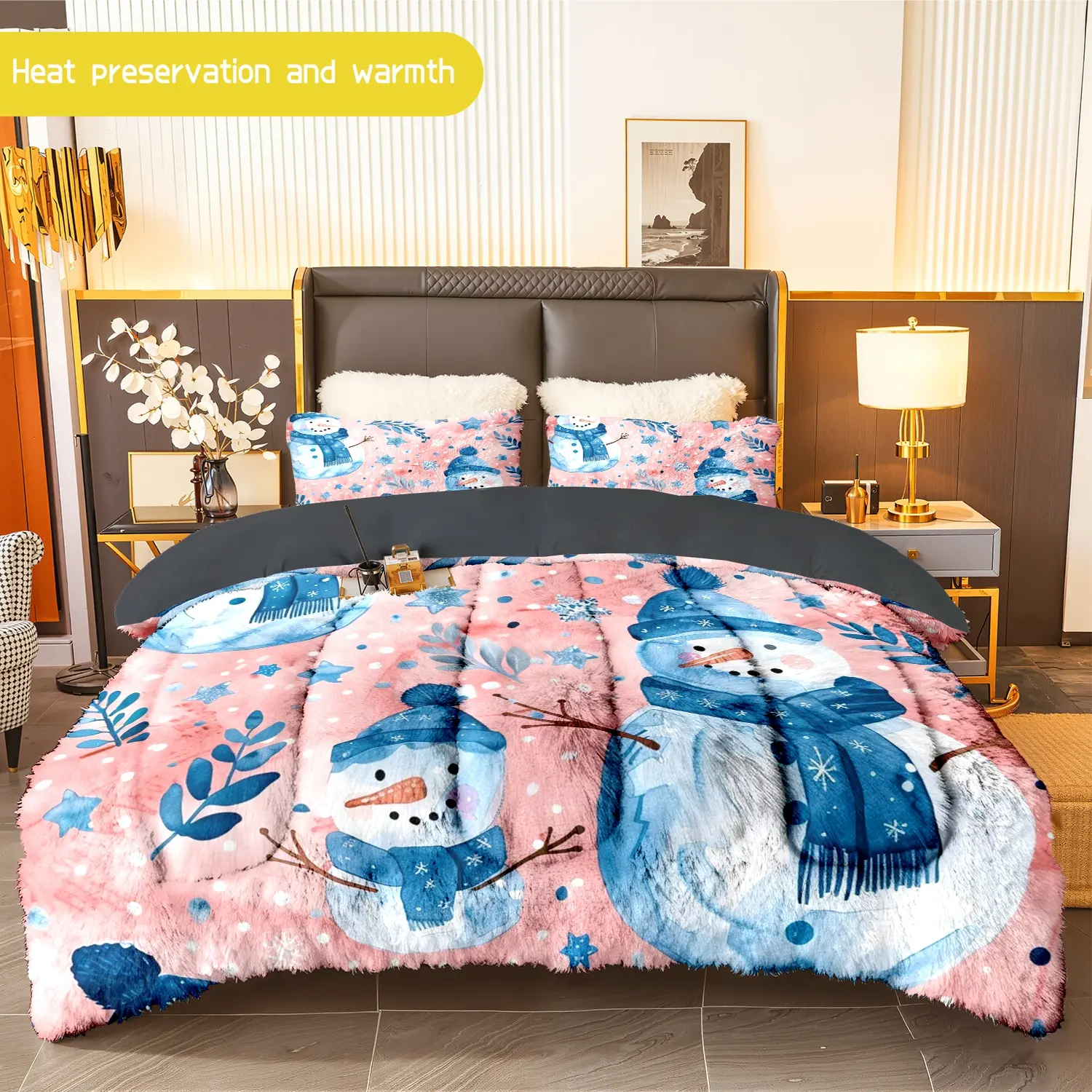 3pcs (1 comforter + 2 pillowcases) Snowman - Print Flannel & Milk - Velvet Comforter Set, Soft Warm Bedding Set for Adults, Cozy Flannel & Milk - Velvet Quilt Set, Trendy Bedding Essentials