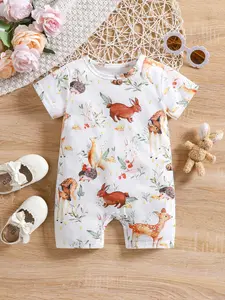 Baby Boys' Animal Cartoon Print Round Neck Short Sleeve Jumpsuit, Summer for Newborns & Infants, Comfortable All-In-One Romper