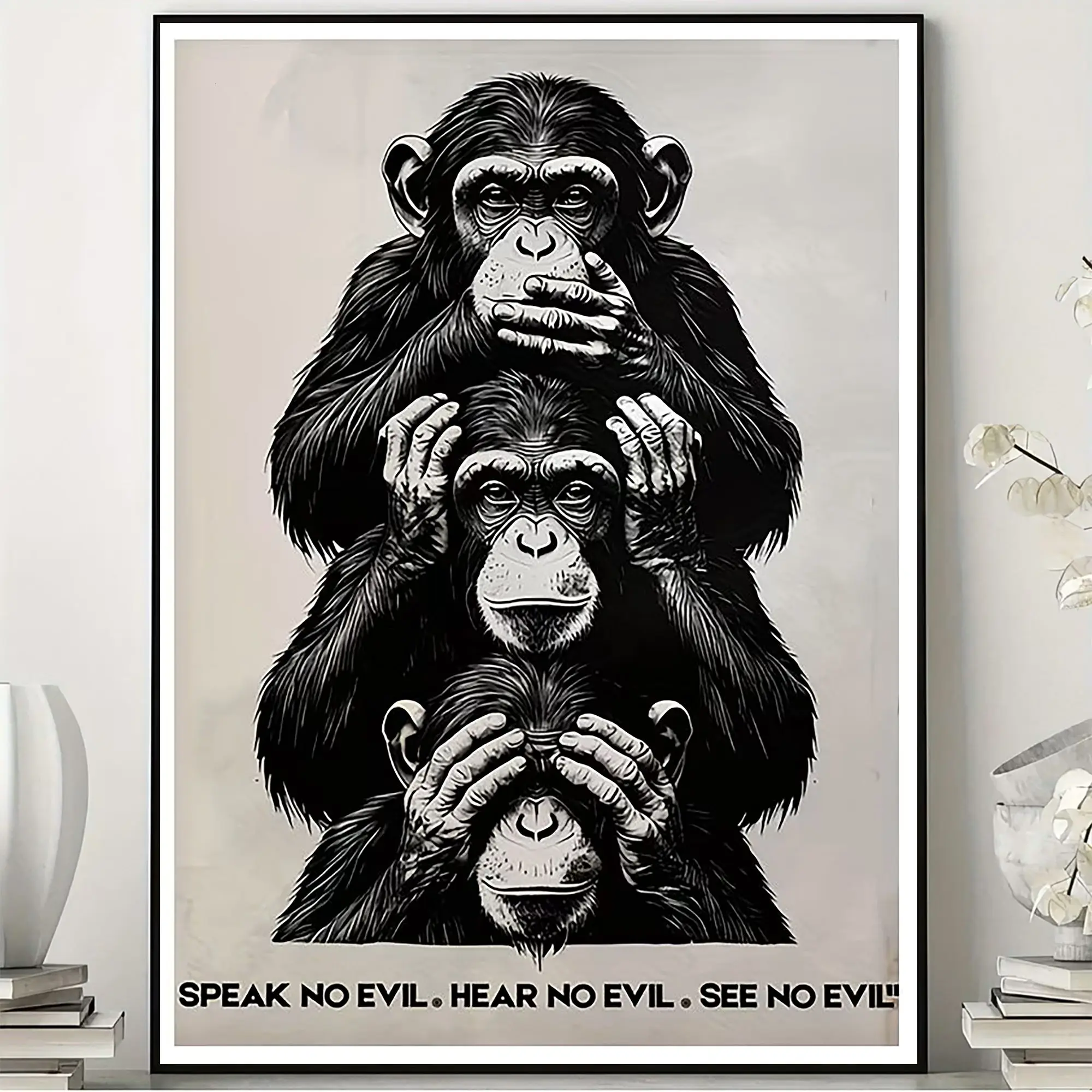 Three Wise Monkeys Poster – Funny Chimpanzee See No Evil Hear No Evil Speak No Evil Wall Art for Monkey Lovers – Quirky Halloween Print for Living Room, Bedroom, Office & Game Room Decor