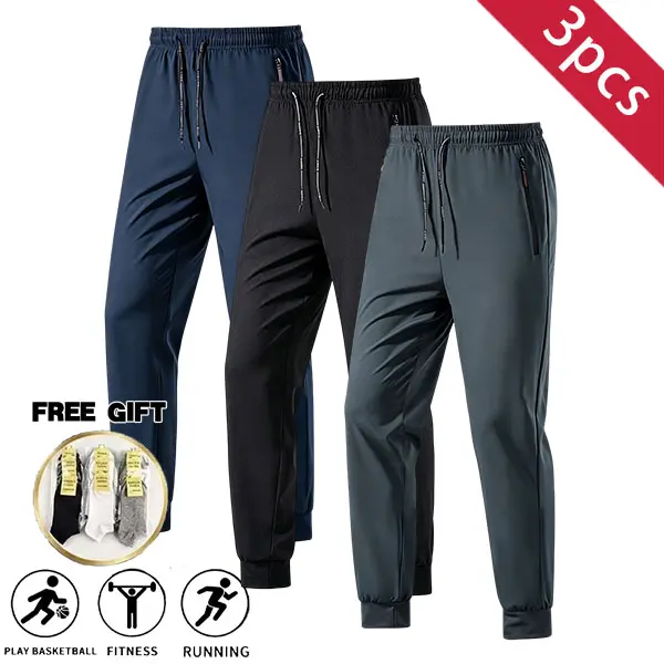 3PCS men’s summer lightweight ice silk jogger sweatpants with zippered pockets and drawstring, breathable quick-dry casual long pants for everyday training and running, suitable for multiple occasions; order includes socks.