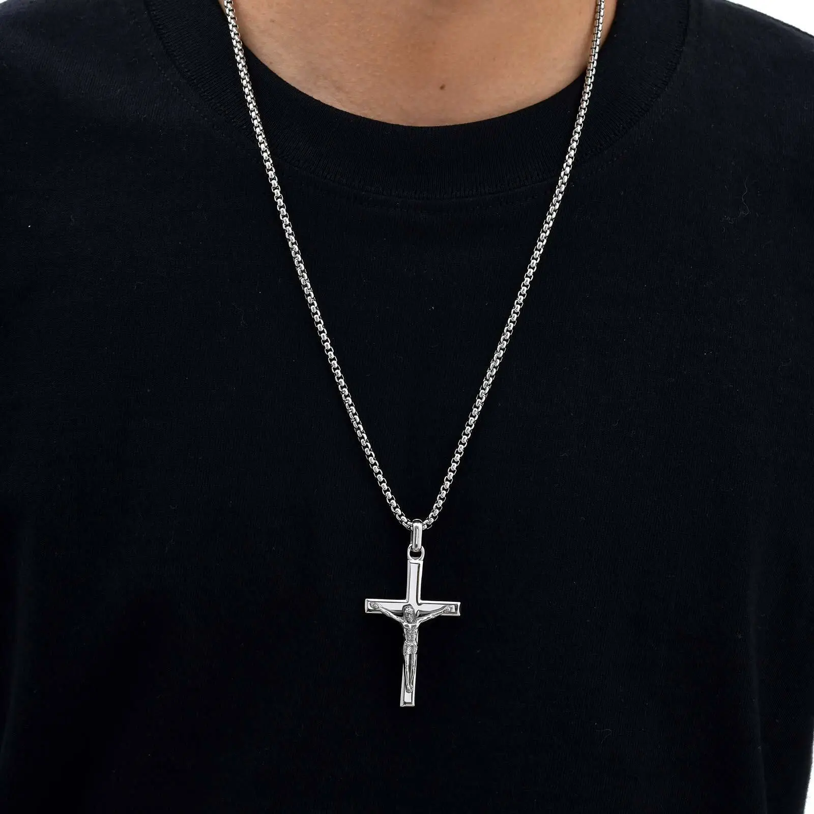 Vnox 60cm Catholic Cross Pendant Necklace for Men, Stainless Steel 30.5x51.5mm Cross Black Gold Silver Color Box Chain Necklaces