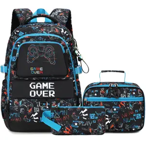 Boys School Backpack 3 Piece Set with Lunch Box & Pencil Case - Gamer Pixel Design Bookbag for Elementary & Middle School - Large Capacity & Durable Daypack