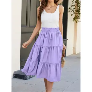 Women's Solid Color Ruffled Hem Loose Drawstring Woven Skirt, Casual Chic Spring Summer A-Line Midi Skirt, Tiered Design, Perfect for Daily Wear, Womenswear