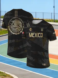 Mexico Men's Black & Gold Soccer Jersey T-Shirt Football Jersey Powerful graphic design Summer essential High-stretch four-way stretch fabric Unrestricted movement The perfect gift for soccer fans