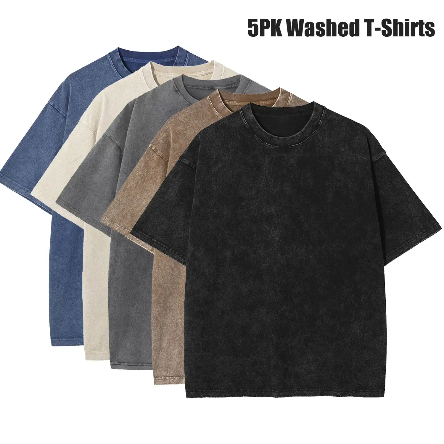 Men's 5-Pack Round Neck Extra Baggy Oversized Cotton T-Shirts - Black, Blue, Brown, Grey, Army Green, Vintage Heavyweight Acid Wash, Basic All-Season Gym Tops, Cold Wash Compatible, Extra Baggy Men's Short-Sleeve T-Shirts, Relaxed Fit, Vintage T-Shirts