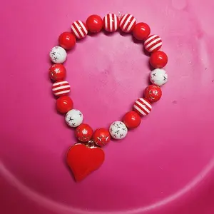 Red White Bead Bracelet with Heart Charm - Festive Design