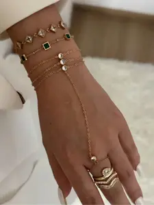 Round Rhinestone Finger Chain Simple Copper Inlaid Diamond Linked Back Hand Bracelet Three Layer Stacked Hand Jewelry Trendy Accessory Stackable Bracelets
