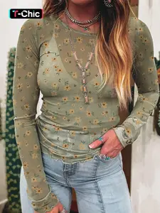 Vintage Floral Print Southern Style Mesh Lightweight Long Sleeve Fitted Top, Women's Casual Fashion, Spring Wear, Comfortable and Stylish