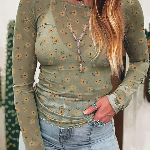 【Black Friday】Women's Vintage Floral Pattern Long Sleeve Tulle Top, Casual Fashion Fitted Top for Everyday Wear, Comfortable and Stylish Clothes