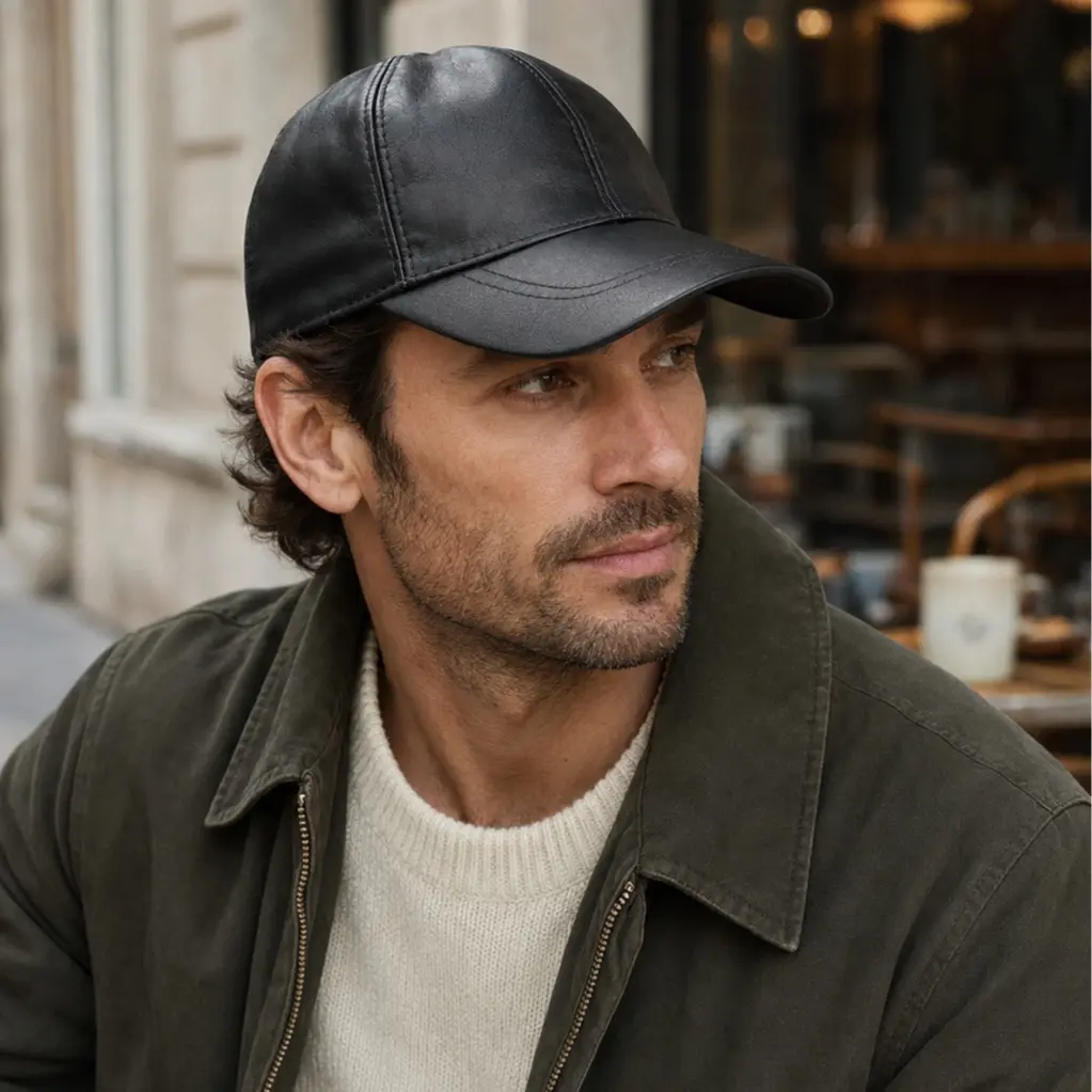 Lukkizara Real Genuine Sheepskin Leather Baseball Cap Hat Sports Visor Black