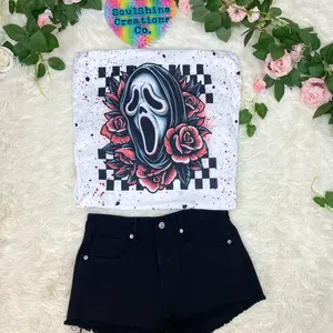 Retro 90s Ghost Checkered Print Grunge Splatter Tee Shirt Sublimation