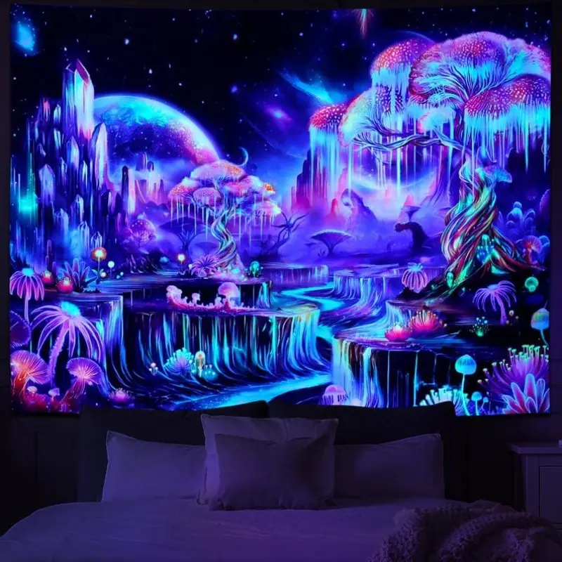 1pc UV Reactive Blacklight Tree of Life Synthetic Polyester Tapestry - Smooth Hanging Wall Decor, Luminous Vibrant Glow Effect, Galaxy Landscape, Window-Friendly Trippy Bedroom/Sofa Throw, Ideal Gift for Home Enthusiasts