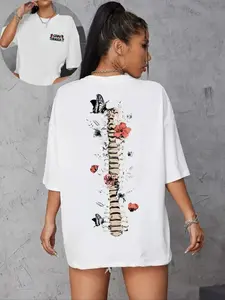 Women's   Tee, Fashion Skeleton & Floral Print  T-shirt, Chic Casual Streetwear Summer Tee Shirts, Going Out Tops 2000s, Graphic Tees Women, Womenswear