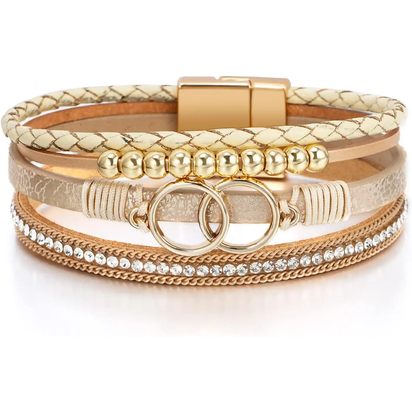 Leopard Bracelet for Women, Boho Leather Wrap Multi-Layer Pearl Crystal Bracelet Bangle Jewelry