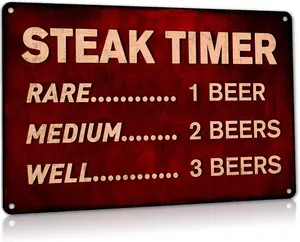 Funny Beer Sign Steak Timer - Metal BBQ Rules Sign, Outdoor Tin Signs for Patio, Kitchen, Pub, Man cave, Tiki Bar Decor 12x8 Inch Aluminum