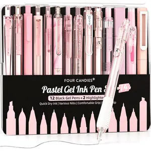 14 Pack Pastel Gel Ink Pen Set, 0.5mm Fine Point Retractable Pens, Cute Note Taking Pens, 12 Pack Black Ink Pens With 2 Pack Highlighters, Smooth Writing Pens For School And Office (Pink)