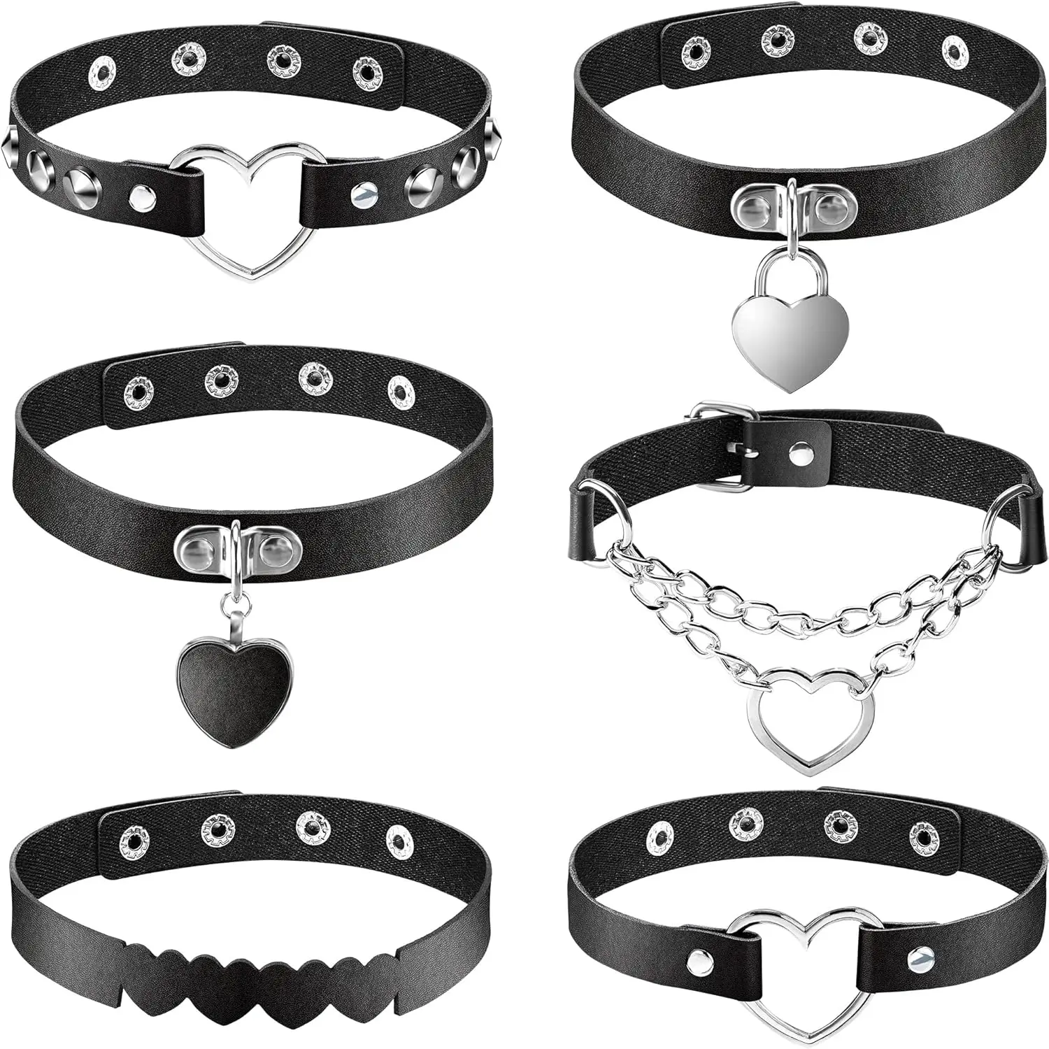 6 Pieces Heart Shaped Theme Leather Choker Punk Goth Choker Adjustable PU Leather Collar Set (Black) 6 Pieces Heart Shaped Theme Leather Choker Punk Goth Choker Adjustable PU Leather Collar Set (Black)