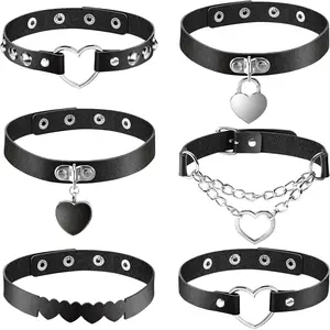 6 Pieces Heart Shaped Theme Leather Choker Punk Goth Choker Adjustable PU Leather Collar Set (Black) tiktokshopspringglowup