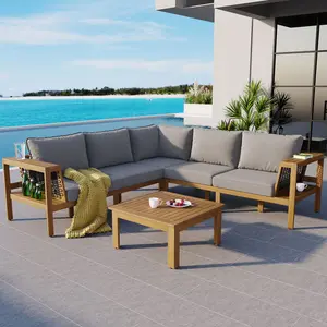 4 Pieces Outdoor Acacia Wood Sofa Set, Woven Mesh Armrests, L-Shaped Patio Furniture Sofa Set with Coffee Table, Outdoor Conversation Set with Gray Cushions and Side Table