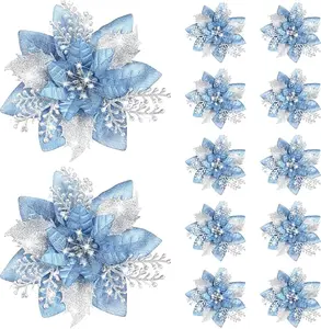 Viral 20Pcs Glitter Poinsettia Flowers | 5.2 Inch Artificial Christmas Blooms with Clips | Xmas Tree Ornaments for Wreath Garland Party | Sky Blue favors graduation event prop sticker wall gift
