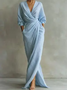 Women's Fashion Solid Color V Neck Long Dress, Elegant Aesthetic Asymmetrical Design, Loose Fit, Pockets, Split Hem, Long Sleeves