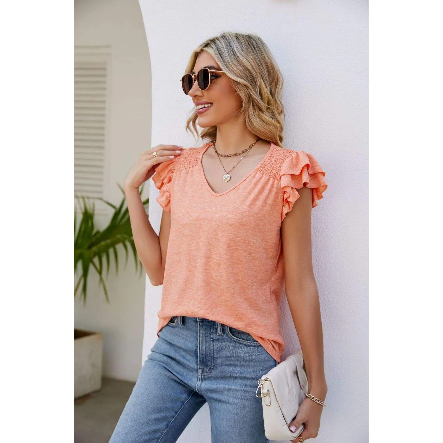 Smocked Flutter Sleeve V-Neck Top