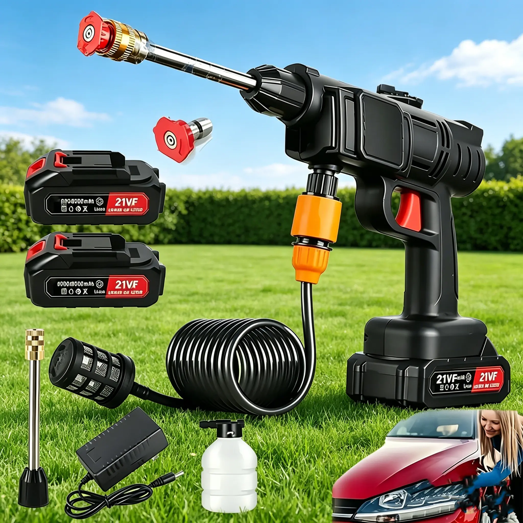 Cordless Portable High Pressure Washer with 2 Rechargeable Batteries & Airbrush Kit Electric Car Detailing Cleaning Tool