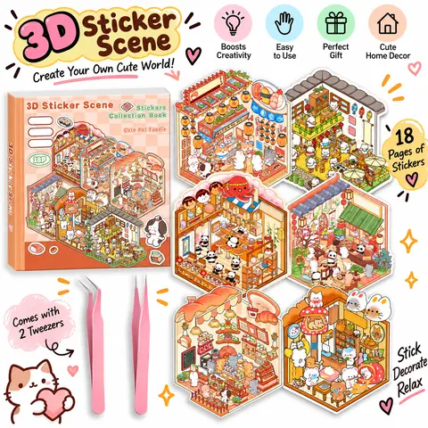 Halloween Fall Gift DIY 3D Sticker Scene Collection Book for Stress Relief - 6 Sets of Make Your Own Mini Shop Scenes Stickers for Girls Kids Adult Sticker Therapy Cute Animal Stickers for Birthday Easter Gift (A Set)