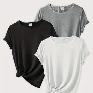 Women's Solid Color Short Sleeve T-Shirt 3 Pack Crew Neck Basic Loose Clothing Washed Tops S-XXXL Everyday Wear Casual Fit Essential Piece