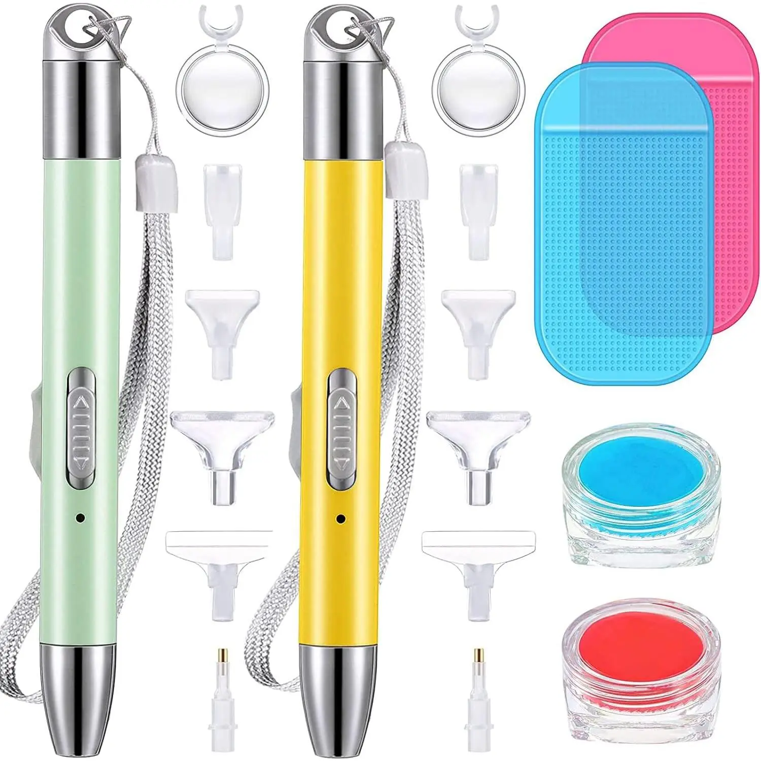 2 count Diamond Painting Pen with Light Drill Diamond Painting Accessories 12 Pen Heads, 2 Anti-Slip Mats, 2 Wax Organizer Cases for DIY Craft Supplies Tools(Yellow, Green)