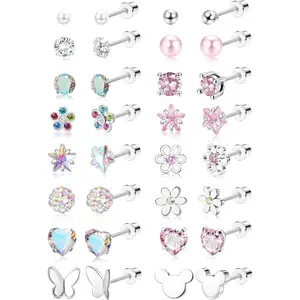 CASSIECA 16 Pairs Hypoallergenic Screw Back Earrings for Women 316L Stainless Steel CZ Pearl Ball Heart Flower Screwback Flat Back Stud Earrings Jewelry Gift Women Multicolored Pink earrings  lovers