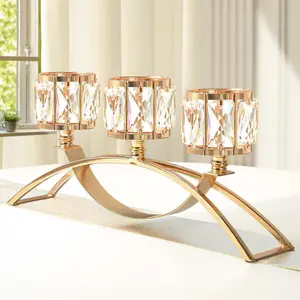 3 Arms Crystal Candle Holders, Arch Candlestick Table Candelabras Centerpieces for Wedding, Dinning Room, Cabinet Ornaments, Home Decoration, Gift (3-arm Arched, Gold)