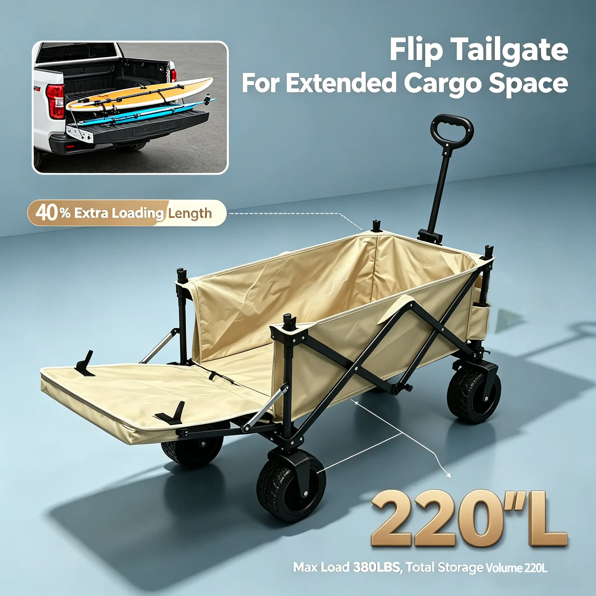 Heavy Duty Camping Wagon Cart 480LBS 220L Large Capacity Expandable Foldable Utility Wagon with Rear Tailgate All Terrain Wheels for Beach Yard Grocery