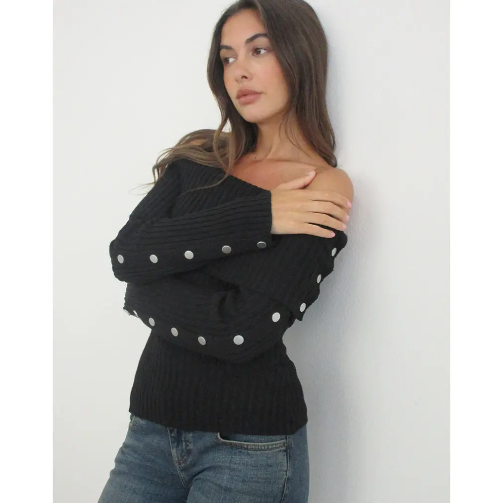 Arsenia Off Shoulder Top in Ribbed Knit Black