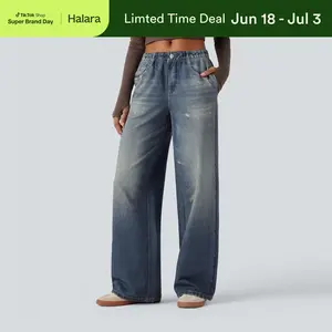 Halara Mid Rise Denim Print French Terry Casual Sweatpants Jeans with Pockets