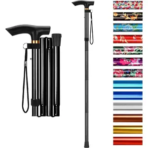 Folding Cane, 5-Level Adjustable Height Walking Stick Lightweight Collapsible Portable Travel Cane with Wrist Strap and T Handle for Elderly Disabled Men Women