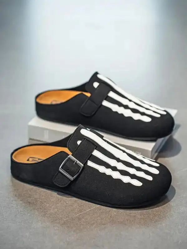 Men's Skeleton Mule Slides, Casual Slip-On Open Toe PU Leather Slippers with Rubber Sole, Breathable for All-Seasons Indoor & Outdoor Use