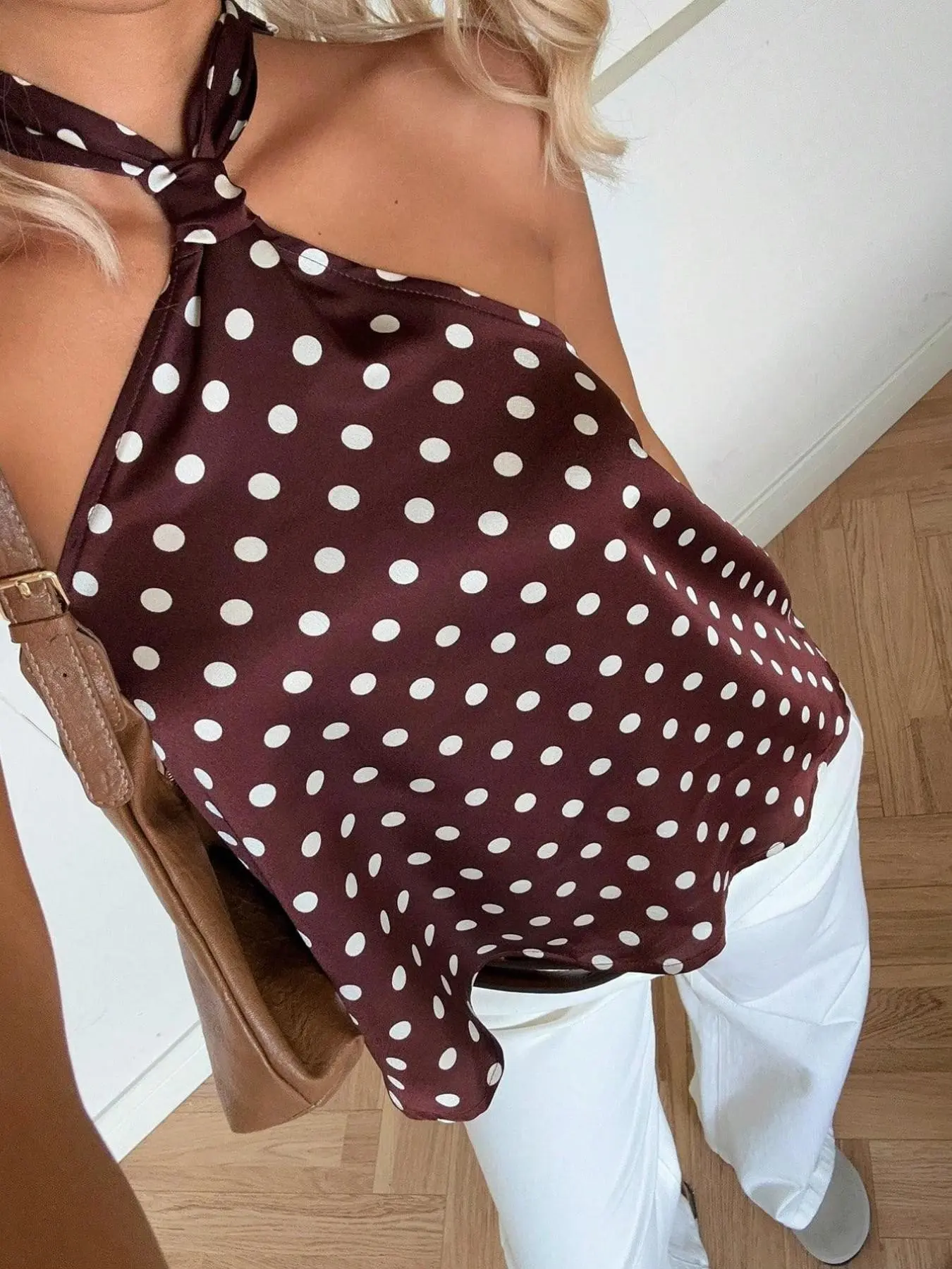brown polka dot top with scarf - TikTok Shop